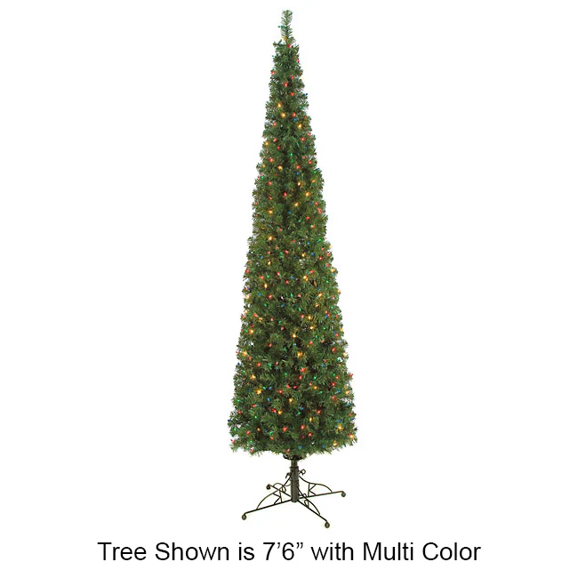 9'Hx30"W Charleston Pencil Pine Artificial Christmas Tree, Pre-Lit (Multicolor) -Green