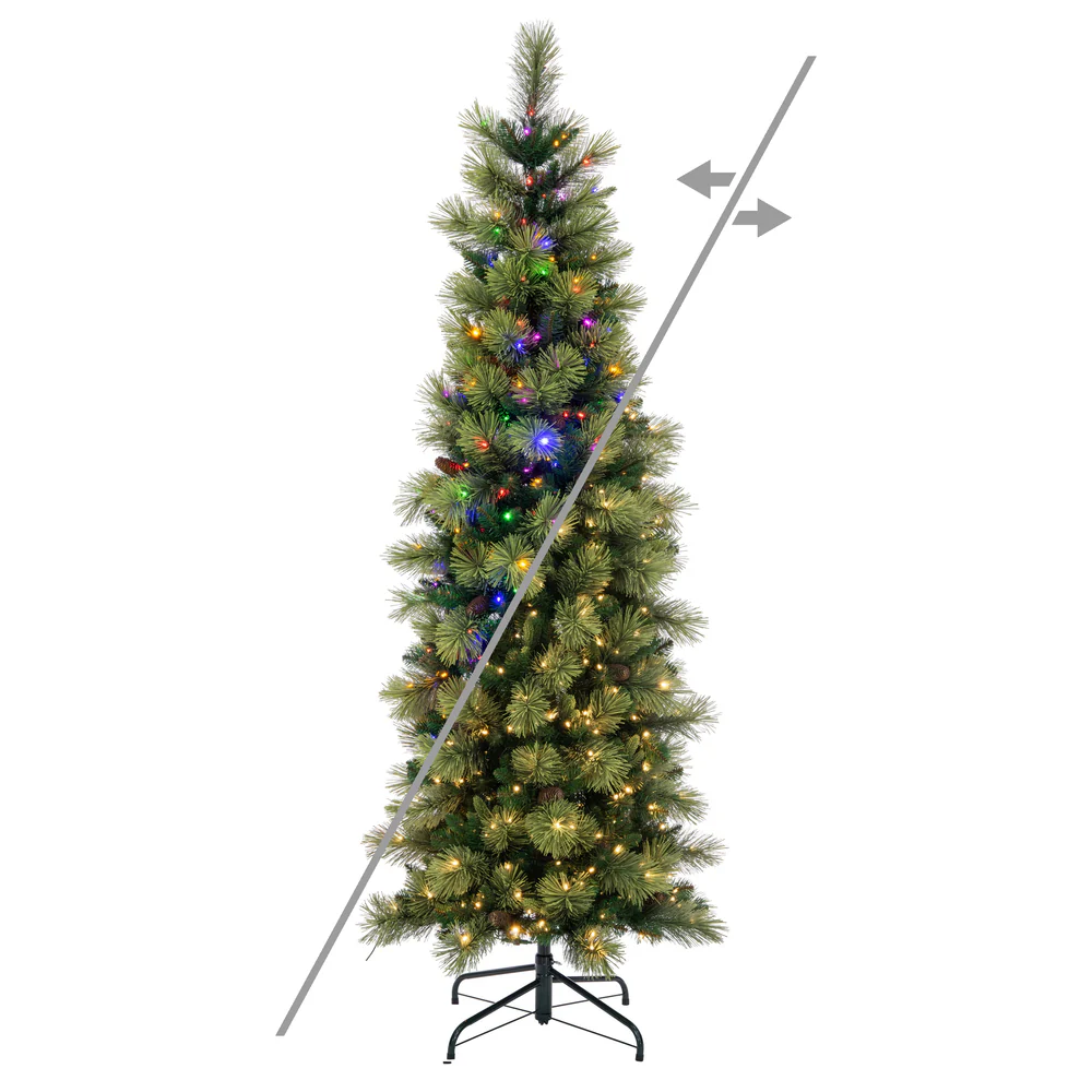 9'Hx36"W PE Slim Emerald Mixed Fir & Pinecone Artificial Christmas Tree, LED Pre-Lit (Multi-Mode) -Green/Brown
