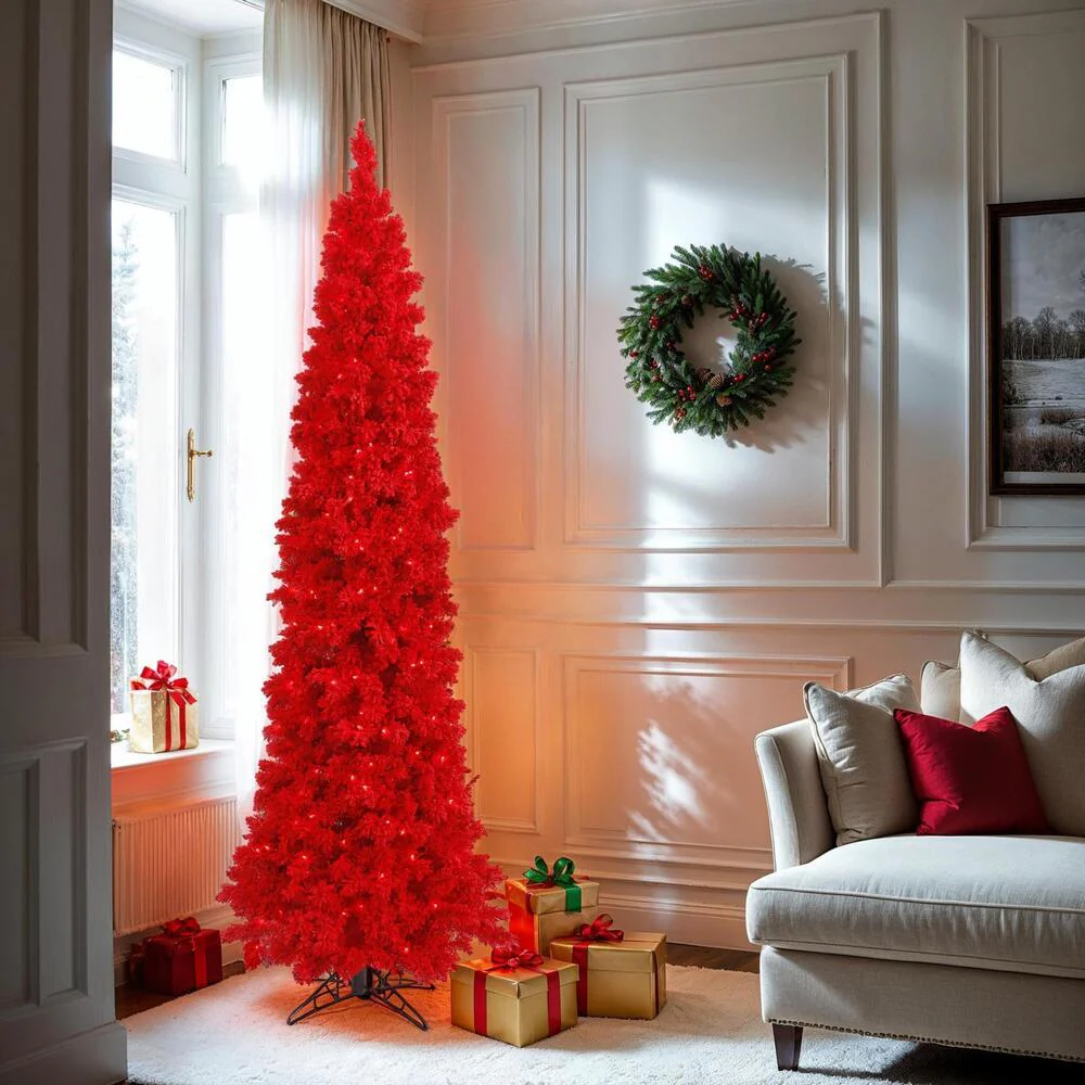 9'Hx43"W Flocked Pencil Fir Artificial Christmas Tree, LED Pre-Lit (Red) -Red - Image 2