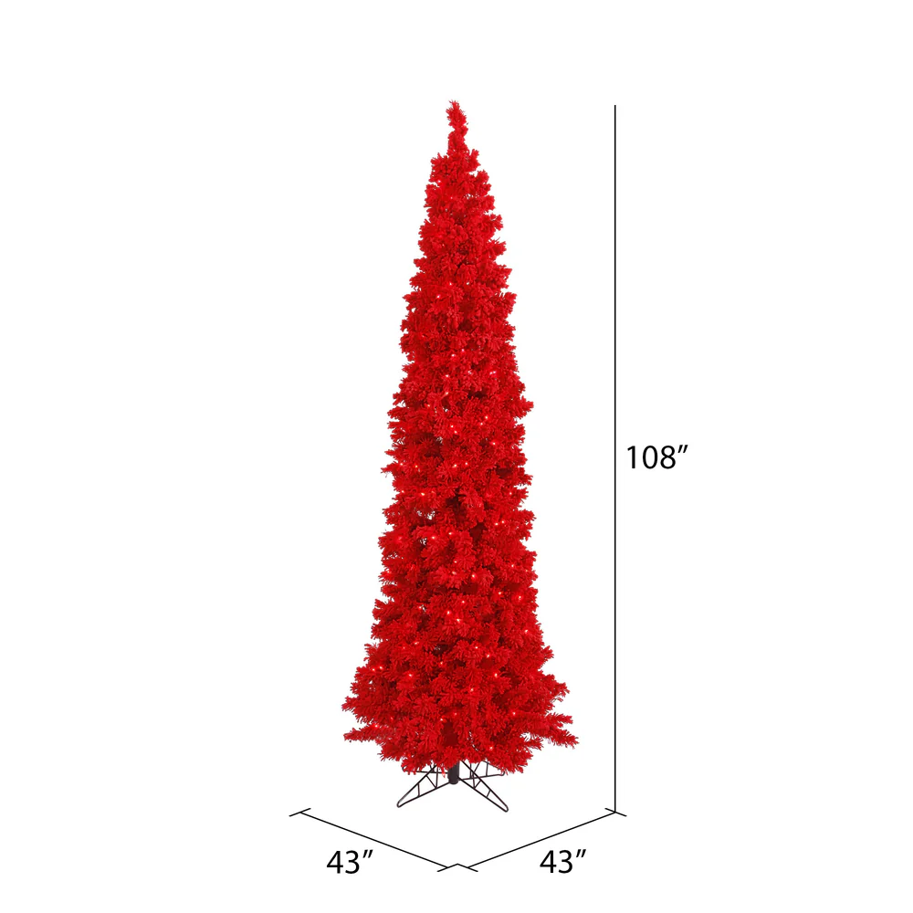 9'Hx43"W Flocked Pencil Fir Artificial Christmas Tree, LED Pre-Lit (Red) -Red - Image 3