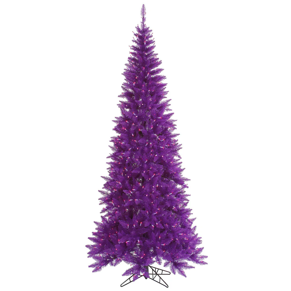9'Hx46"W Slim Fir Artificial Christmas Tree, LED Pre-Lit (Purple) -Purple