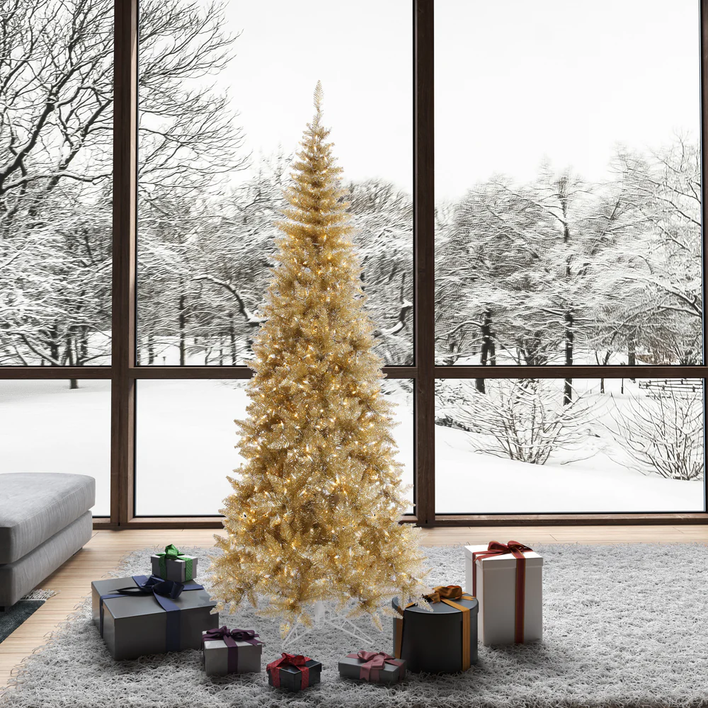 9'Hx46"W Tinsel Slim Fir Artificial Christmas Tree, LED Pre-Lit -Champagne - Image 3