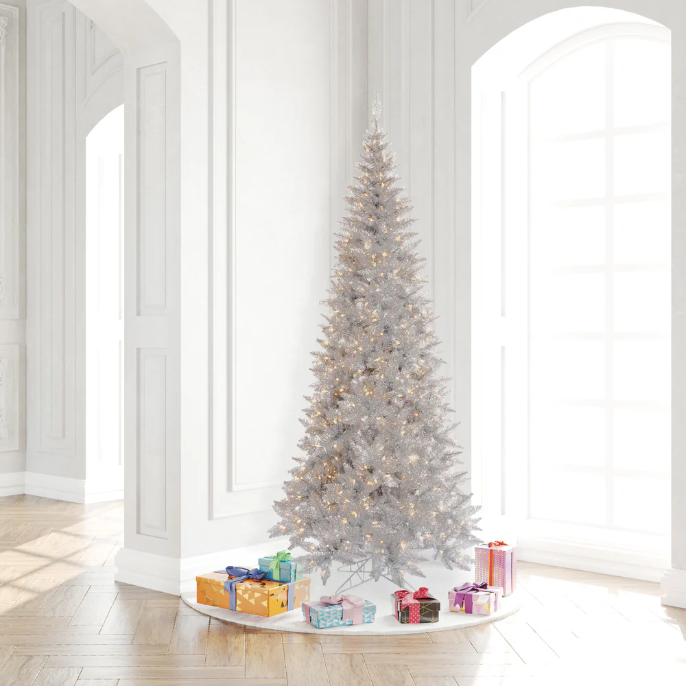 9'Hx46"W Tinsel Slim Fir Artificial Christmas Tree, LED Pre-Lit -Silver - Image 4