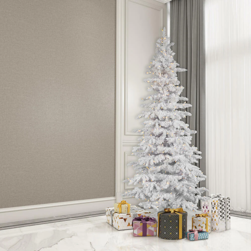 9'Hx49"W Flocked Slim White Spruce Artificial Christmas Tree, LED Pre-Lit -White - Image 6