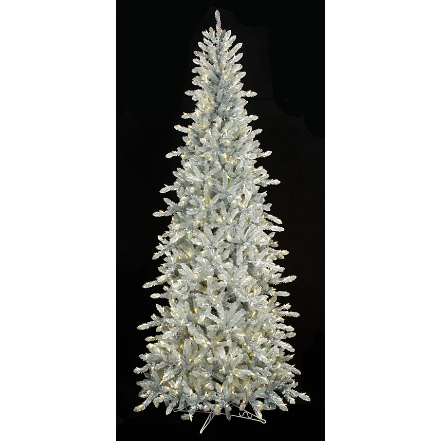 9'Hx50"W Matte Silver Artificial Christmas Tree, LED Pre-Lit -Silver/Iridescent