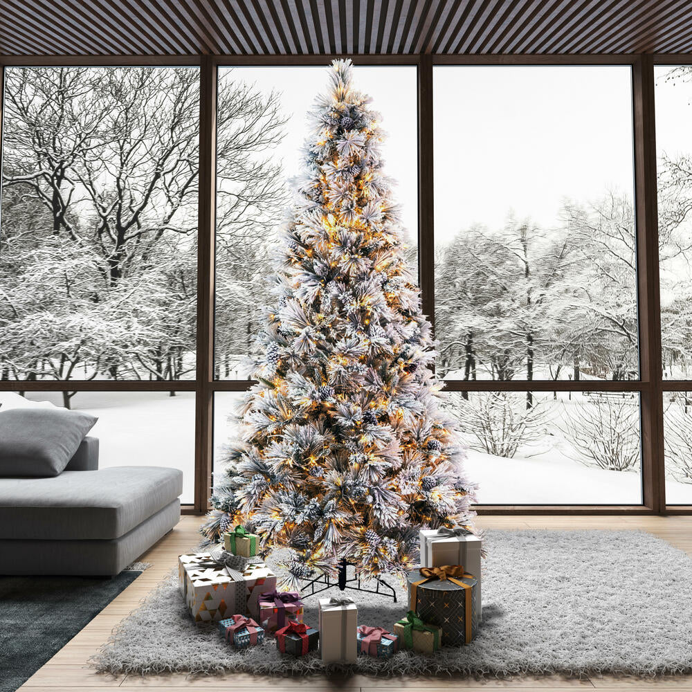 9'Hx59"W Flocked Slim Atka Pine Artificial Christmas Tree, Micro LED Pre-Lit (Multi-Mode) -White - Image 8
