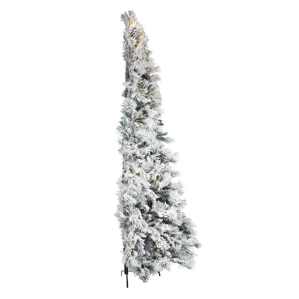 9'Hx59"W Half-Tree/Wall Flocked Slim Atka Pine Artificial Christmas Tree, LED Pre-Lit -White - Image 3