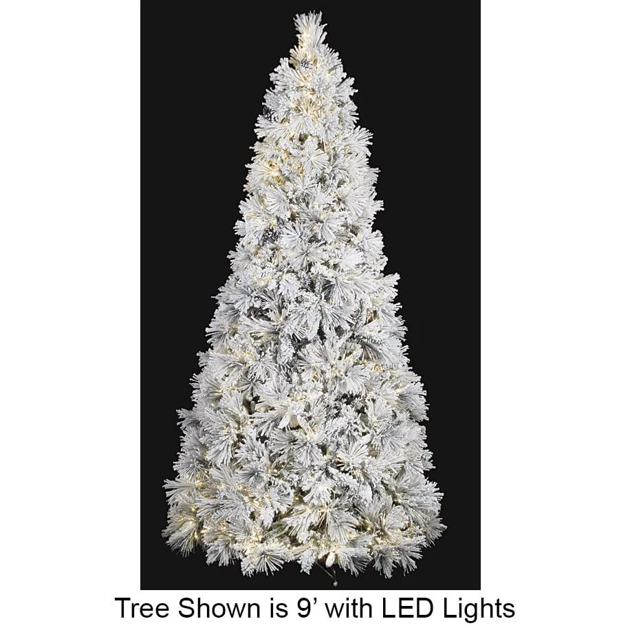 9'Hx59"W Medium Flocked Bavarian Pine Artificial Christmas Tree, Micro LED Pre-Lit -White/Green