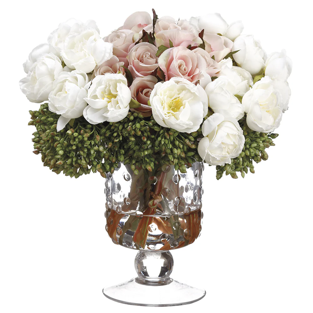 9"Hx9"W Ranunculus, Rose & Berry Silk Flower Arrangement -Cream/Pink