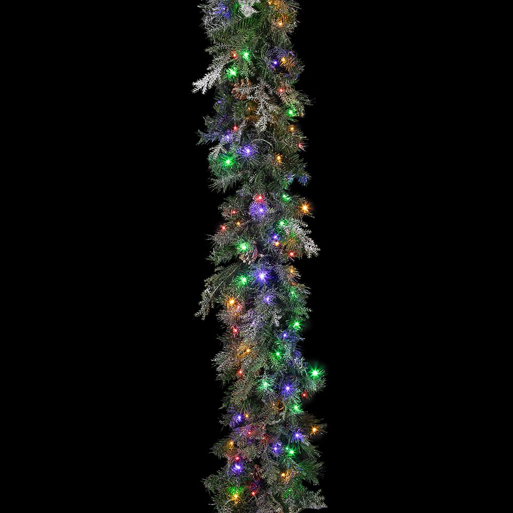 9'Lx12"W Flocked Pine & Pinecone Artificial Garland, LED Pre-Lit (Multi-Mode) -Green (Pack of 2) - Image 3