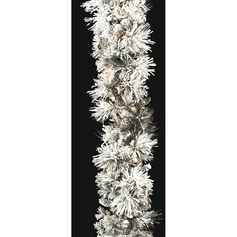 9'Lx15"W Heavy Flocked Long Twig Needle & Pinecone Artificial Garland, LED Pre-Lit -White (Pack of 2)